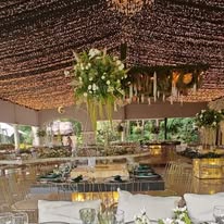 Techo cubierto de luces cálidas en el salón